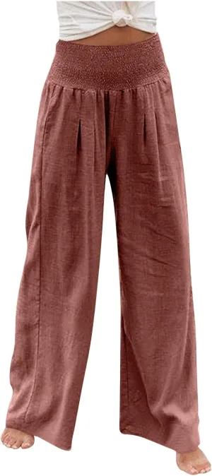 Linen Pants Women Lounge High Waist Wide Leg Elastic Drawstring Pants Women with Pockets Comfy Work Trousers