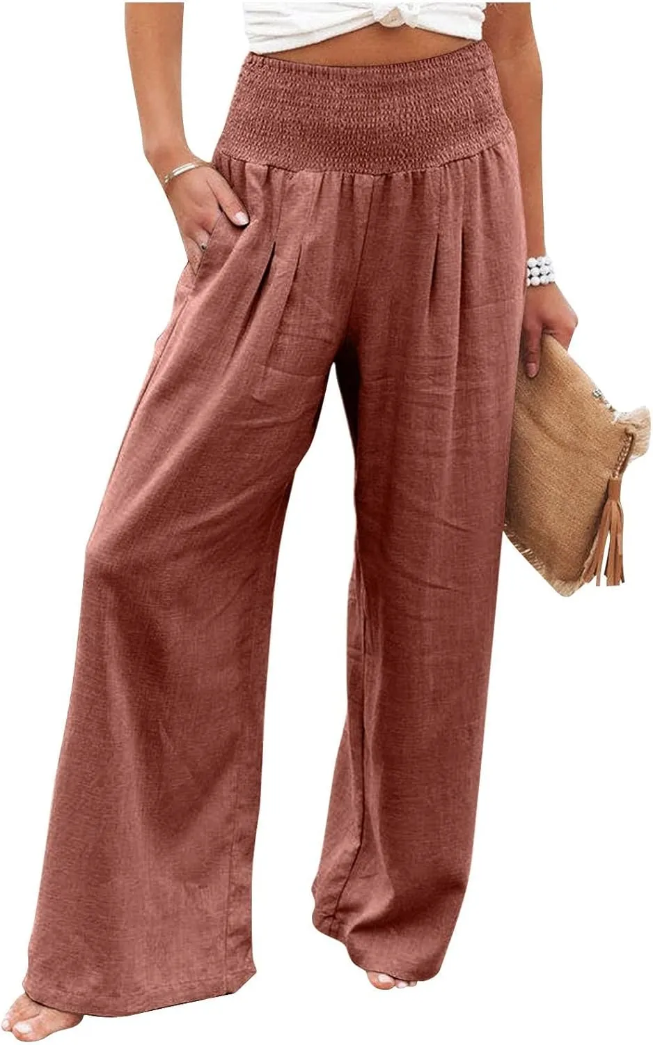 Linen Pants Women Lounge High Waist Wide Leg Elastic Drawstring Pants Women with Pockets Comfy Work Trousers