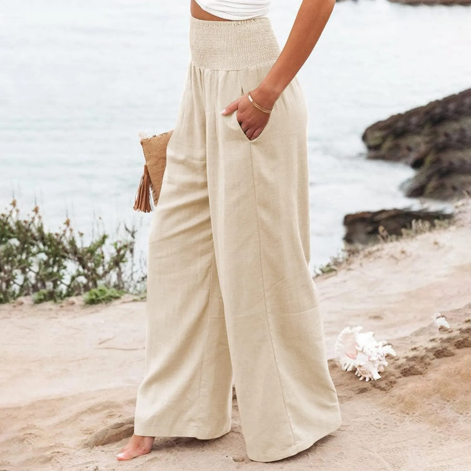 Linen Pants Women Lounge High Waist Wide Leg Elastic Drawstring Pants Women with Pockets Comfy Work Trousers