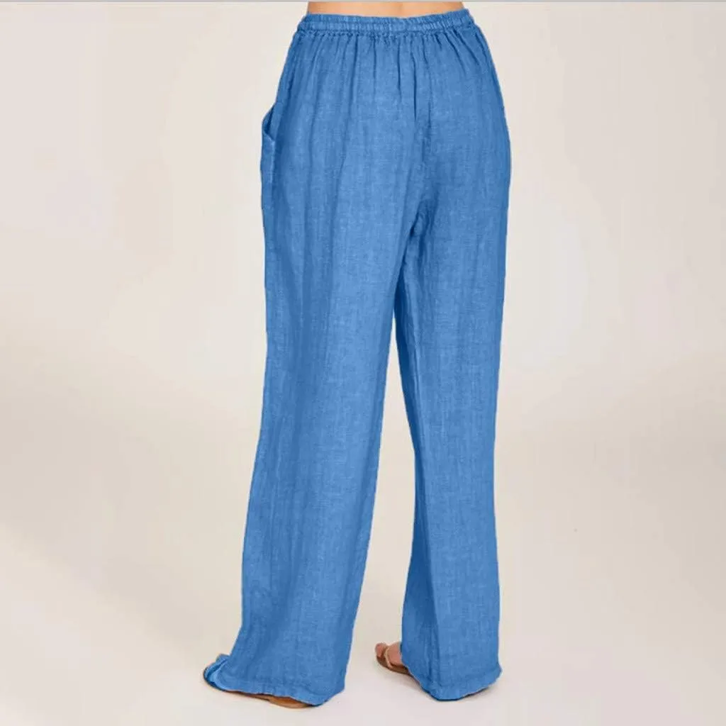 Linen Pants Women Summer Baggy Wide Leg Drawstring Cotton Pants High Waist Lounge Pants Casual Beach Palazzo Trousers