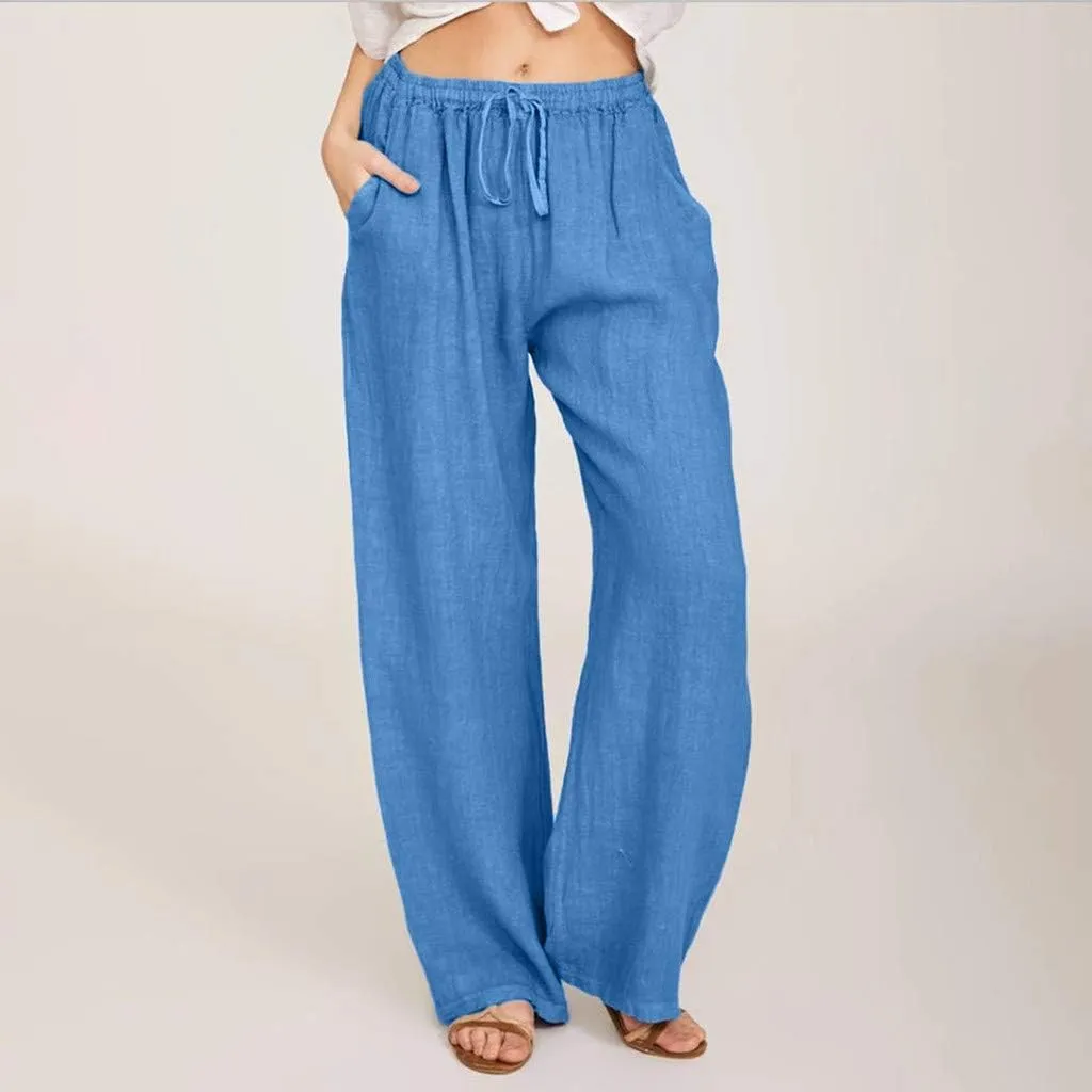 Linen Pants Women Summer Baggy Wide Leg Drawstring Cotton Pants High Waist Lounge Pants Casual Beach Palazzo Trousers