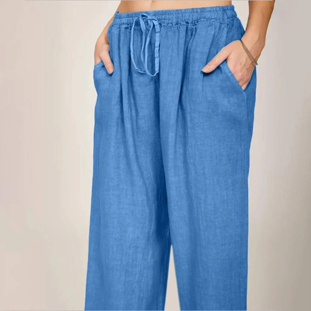 Linen Pants Women Summer Baggy Wide Leg Drawstring Cotton Pants High Waist Lounge Pants Casual Beach Palazzo Trousers