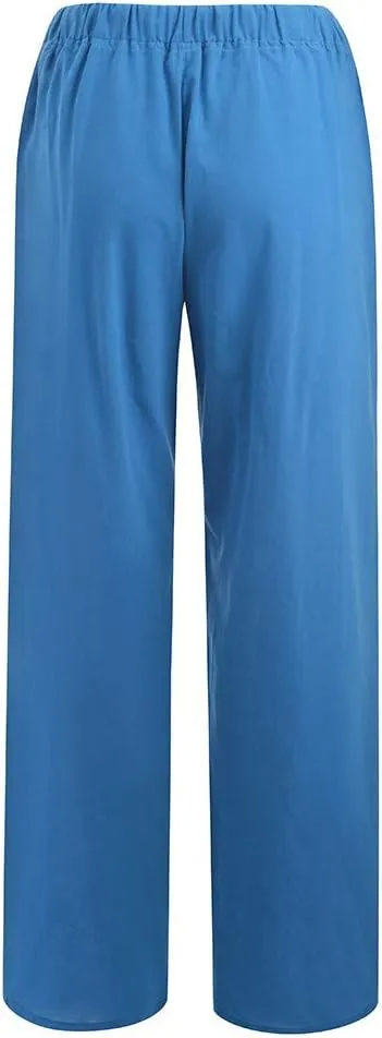 Linen Pants Women Summer Baggy Wide Leg Drawstring Cotton Pants High Waist Lounge Pants Casual Beach Palazzo Trousers