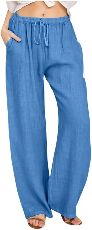 Linen Pants Women Summer Baggy Wide Leg Drawstring Cotton Pants High Waist Lounge Pants Casual Beach Palazzo Trousers
