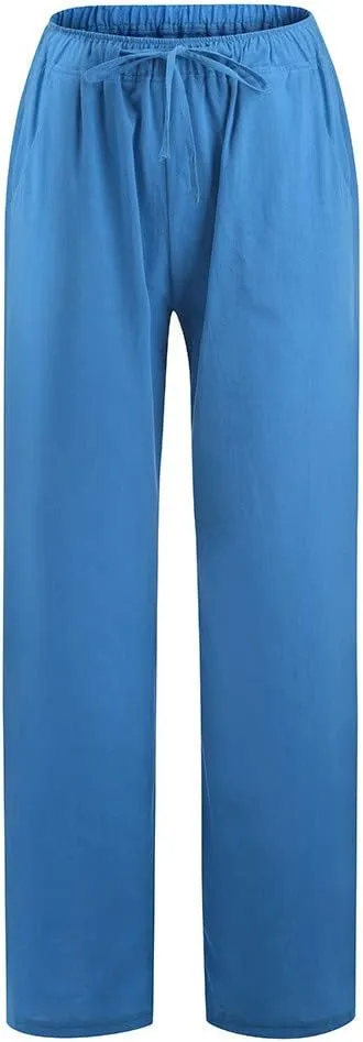 Linen Pants Women Summer Baggy Wide Leg Drawstring Cotton Pants High Waist Lounge Pants Casual Beach Palazzo Trousers