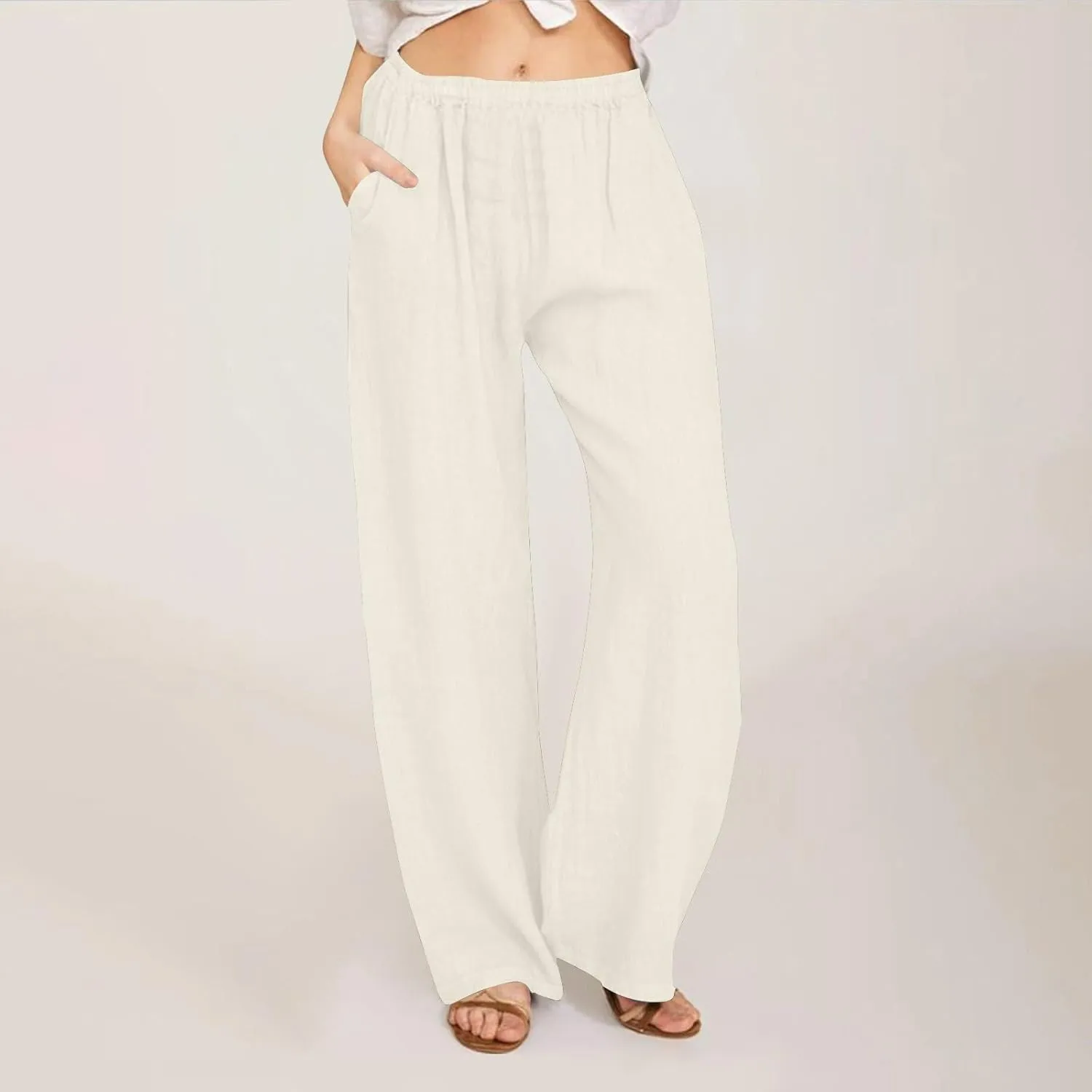 Linen Pants Women Summer High Waist Drawstring Elastic Lightweight Flowy Wide Leg Palazzo Pants Lounge Trousers