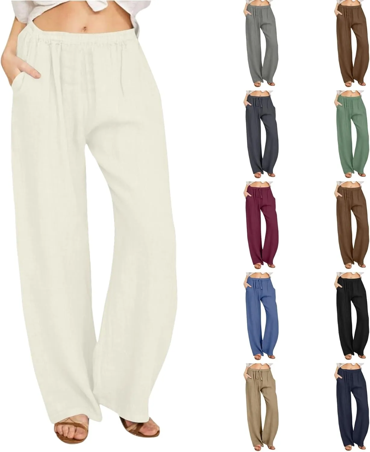 Linen Pants Women Summer High Waist Drawstring Elastic Lightweight Flowy Wide Leg Palazzo Pants Lounge Trousers