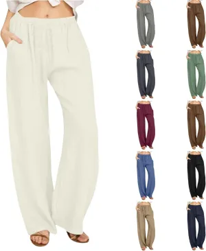 Linen Pants Women Summer High Waist Drawstring Elastic Lightweight Flowy Wide Leg Palazzo Pants Lounge Trousers