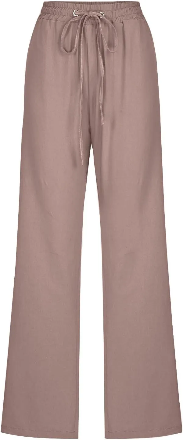 Linen Pants Women Vacation Casual Linen High Waist Pants Drawstring Loose Fit Summer Pants Trousers with Side Pockets