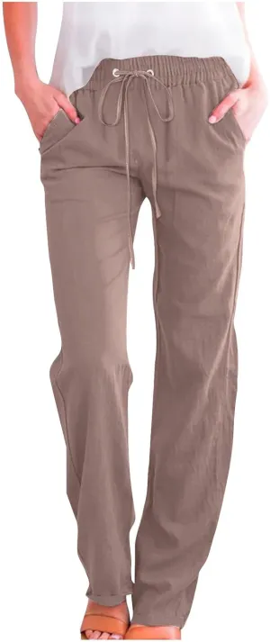 Linen Pants Women Vacation Casual Linen High Waist Pants Drawstring Loose Fit Summer Pants Trousers with Side Pockets