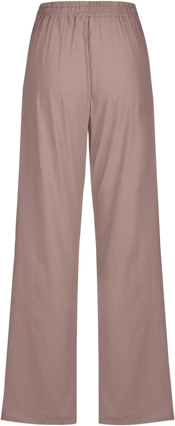 Linen Pants Women Vacation Casual Linen High Waist Pants Drawstring Loose Fit Summer Pants Trousers with Side Pockets