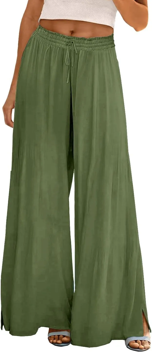 Linen Wide Leg Pants for Women Stretch Smocked High Waisted Ruffle Hem Palazzo Pants 2025 Summer Loose Beach Pants