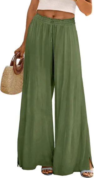 Linen Wide Leg Pants for Women Stretch Smocked High Waisted Ruffle Hem Palazzo Pants 2025 Summer Loose Beach Pants
