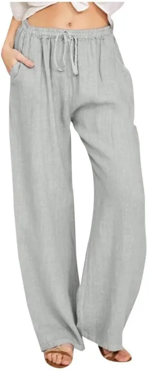 Linen Wide Leg Pants Woman Summer High Waisted Beach Pants Casual Trousers Drawstring Lounge Pants with Pockets