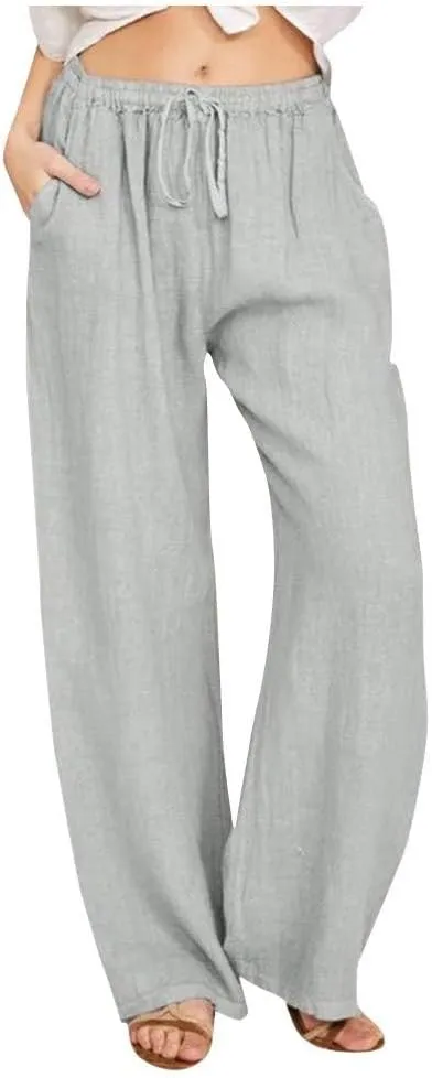 Linen Wide Leg Pants Woman Summer High Waisted Beach Pants Casual Trousers Drawstring Lounge Pants with Pockets