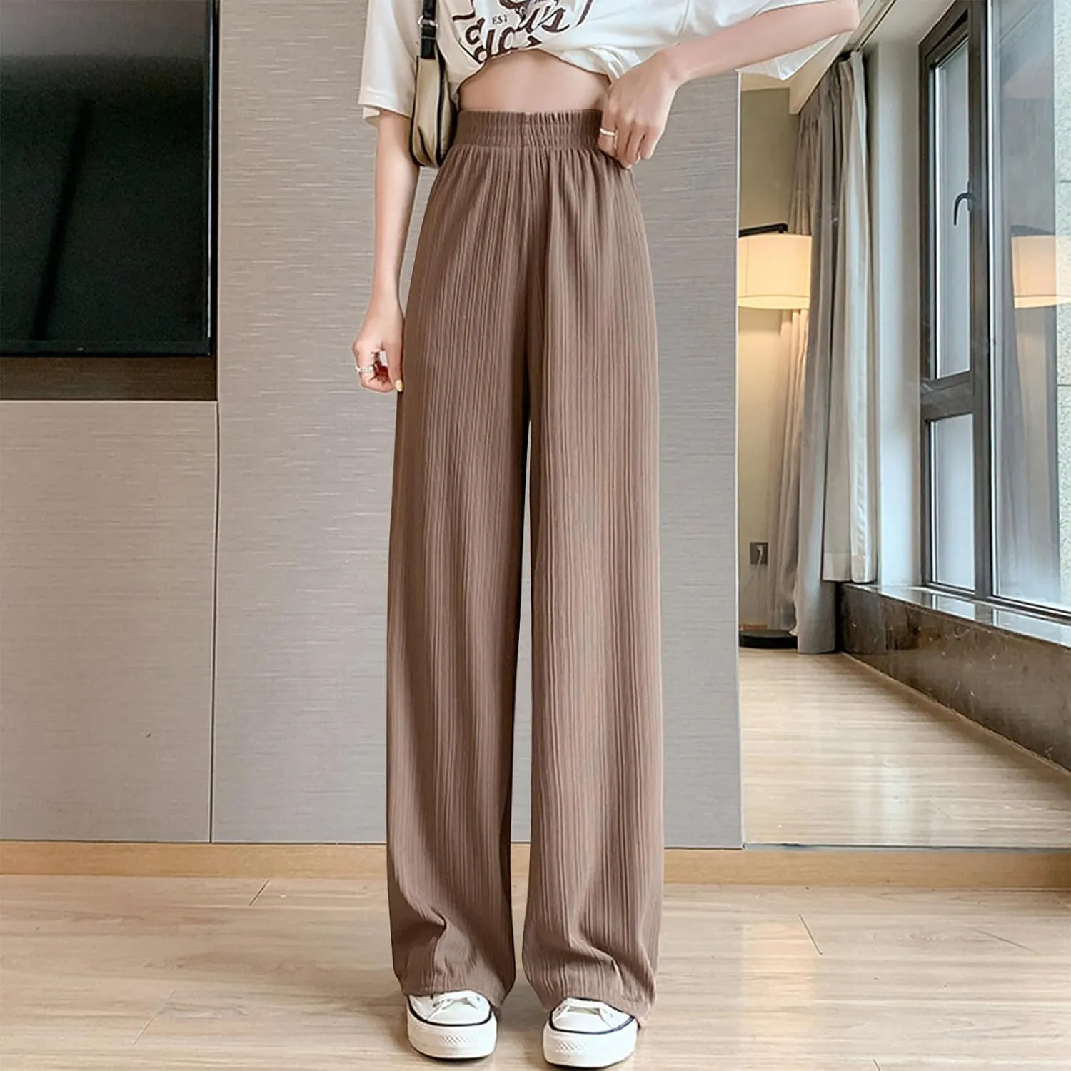 Lmdudan 2025 Women Linen Pants Summer Casual Boho Loose Wide Leg Palazzo Pants Smocked High Waist Flowy Beach Yoga Trousers