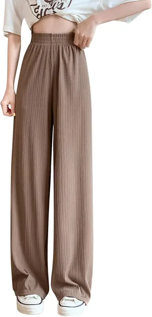 Lmdudan 2025 Women Linen Pants Summer Casual Boho Loose Wide Leg Palazzo Pants Smocked High Waist Flowy Beach Yoga Trousers