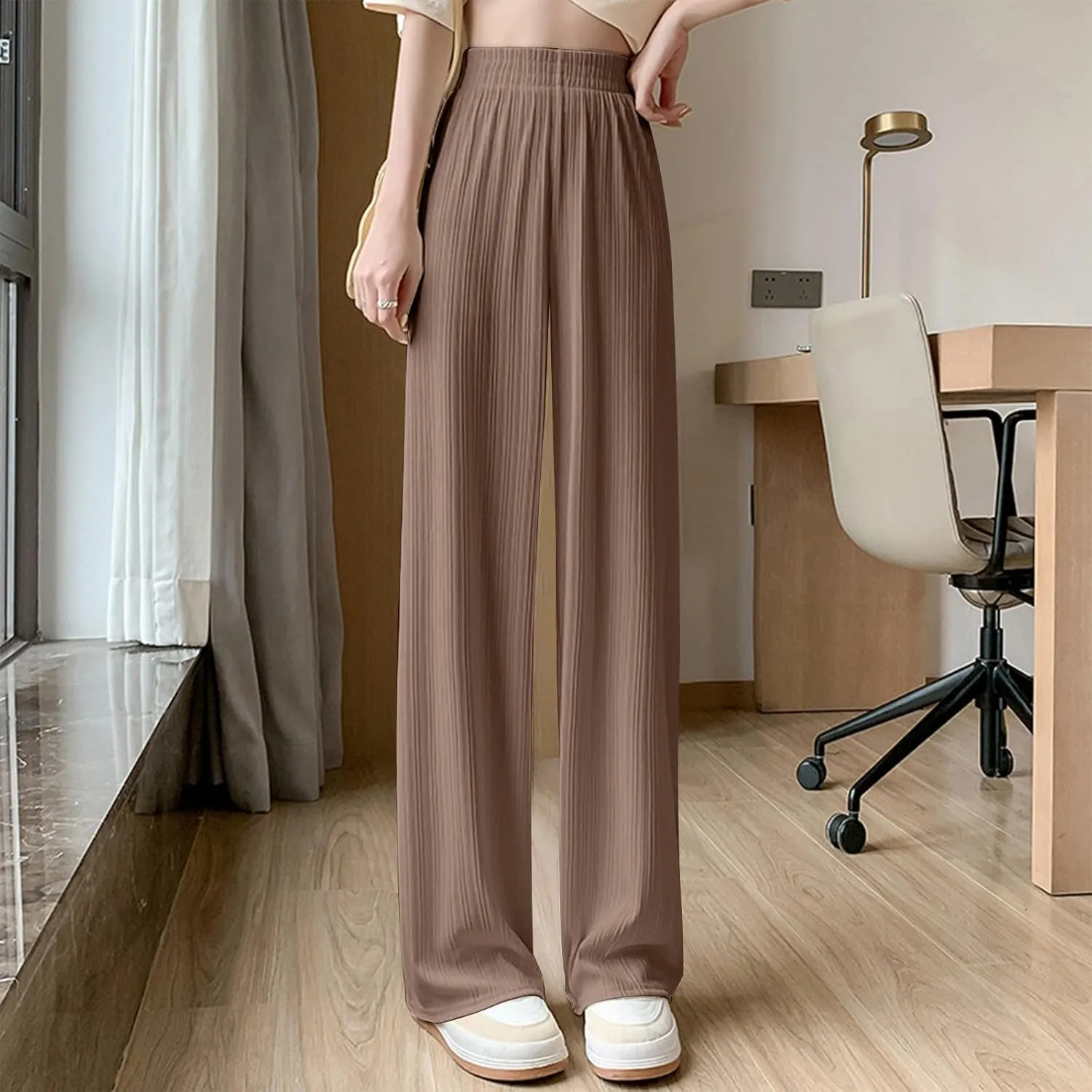 Lmdudan 2025 Women Linen Pants Summer Casual Boho Loose Wide Leg Palazzo Pants Smocked High Waist Flowy Beach Yoga Trousers
