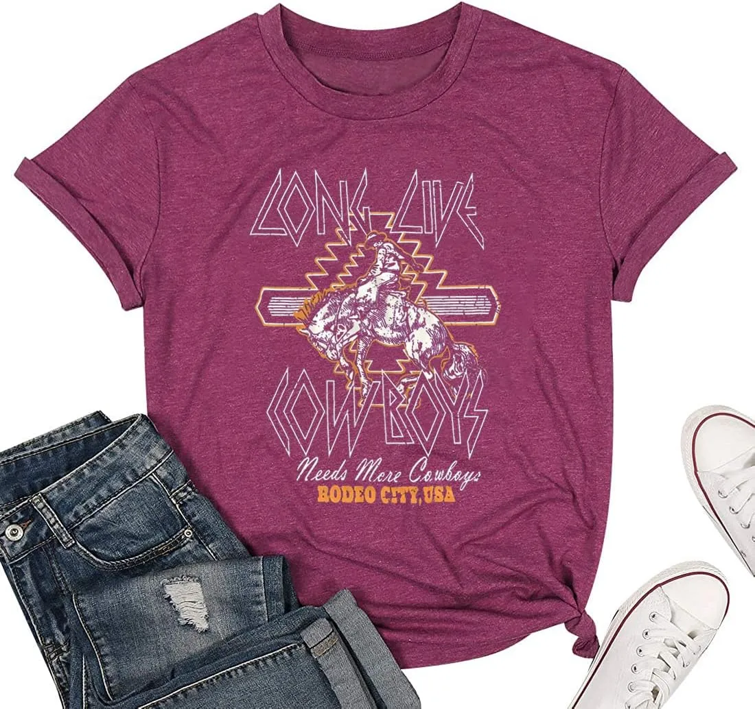 Long Live Cowboys Rodeo City USA T-Shirt Women Western Country Music Retro Graphic Tee Summer O-Neck Short Sleeve Tops
