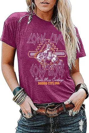 Long Live Cowboys Rodeo City USA T-Shirt Women Western Country Music Retro Graphic Tee Summer O-Neck Short Sleeve Tops