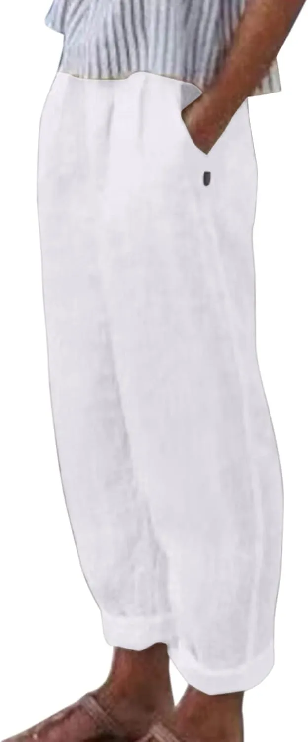 Loose Trousers For Women High Waisted Wide Leg Pants Linen Pants Summer Boho Dressy Ankle Cropped Pant Baggy Capris