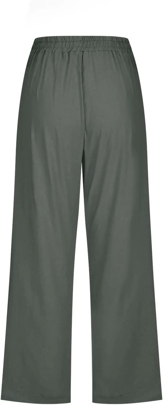 LRMQS Capris Pants for Women Cotton Linen Casual Summer 2025 Straight Wide Leg Loose Drawstring Elastic Waist Cropped Trouser