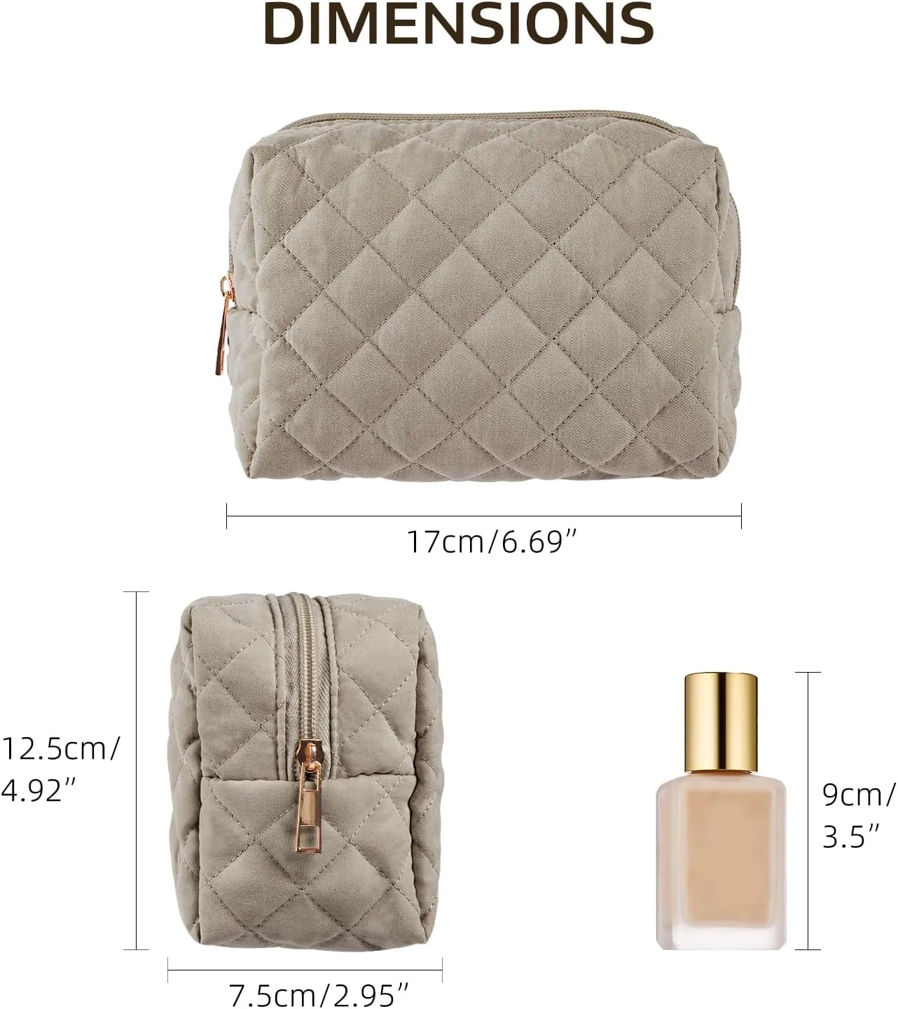 MAGEFY Cotton Makeup Bag 2 PCS Quilted Makeup Bag Small Makeup Pouch with Inner Pockets Aesthetic Portable Cosmetic Bag for Women/Traveling (Black & Khaik)