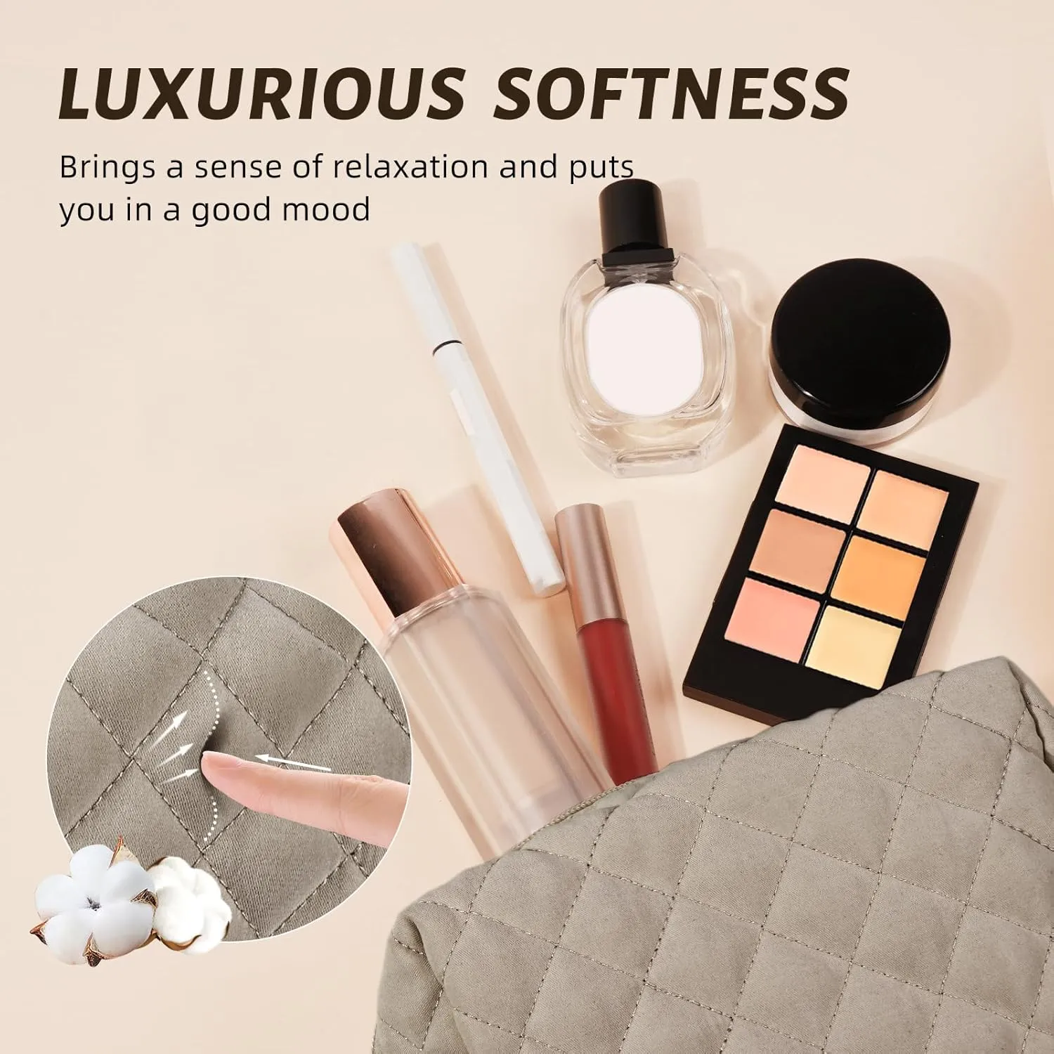 MAGEFY Cotton Makeup Bag 2 PCS Quilted Makeup Bag Small Makeup Pouch with Inner Pockets Aesthetic Portable Cosmetic Bag for Women/Traveling (Black & Khaik)