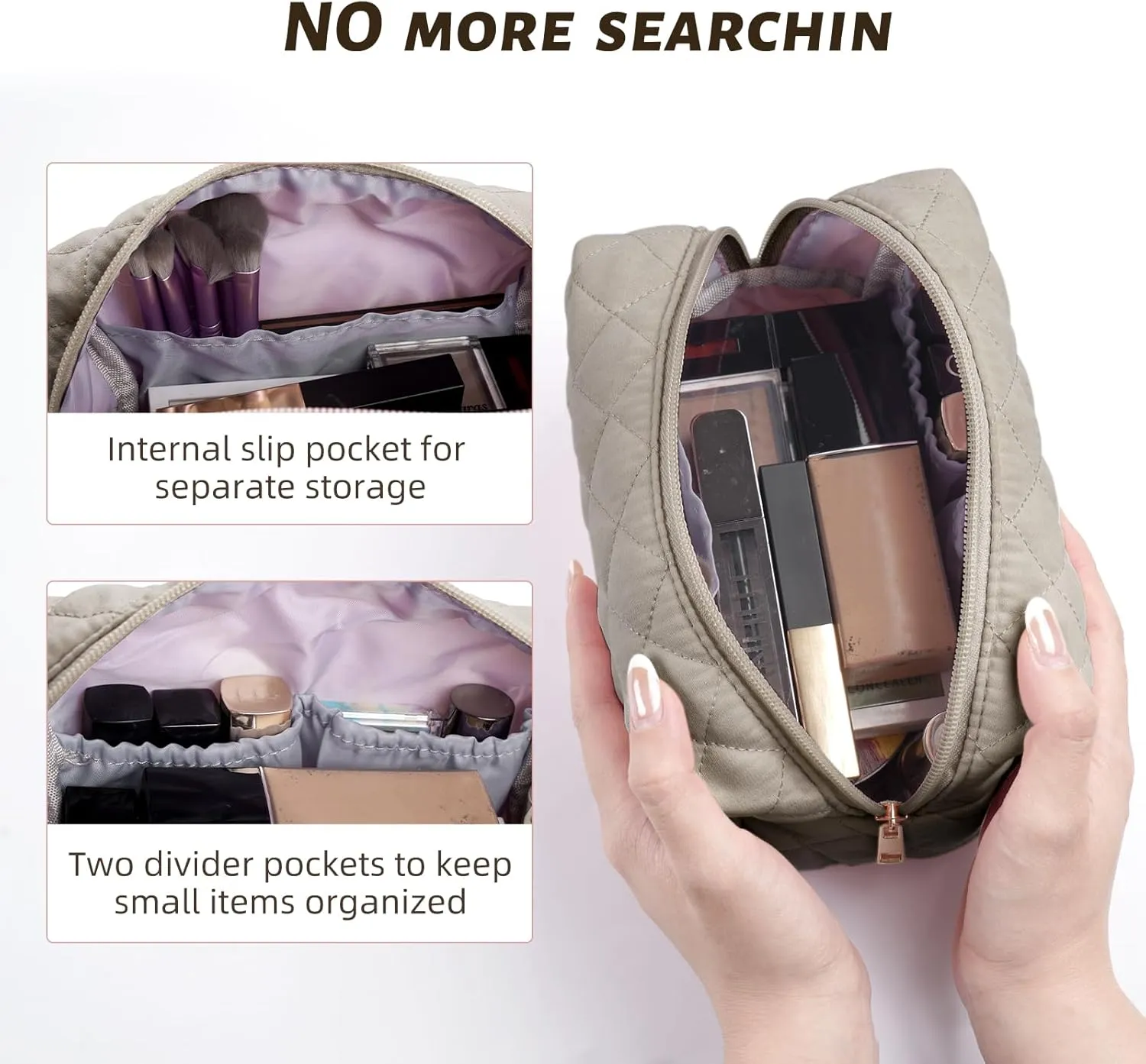 MAGEFY Cotton Makeup Bag 2 PCS Quilted Makeup Bag Small Makeup Pouch with Inner Pockets Aesthetic Portable Cosmetic Bag for Women/Traveling (Black & Khaik)