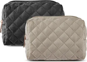 MAGEFY Cotton Makeup Bag 2 PCS Quilted Makeup Bag Small Makeup Pouch with Inner Pockets Aesthetic Portable Cosmetic Bag for Women/Traveling (Black & Khaik)