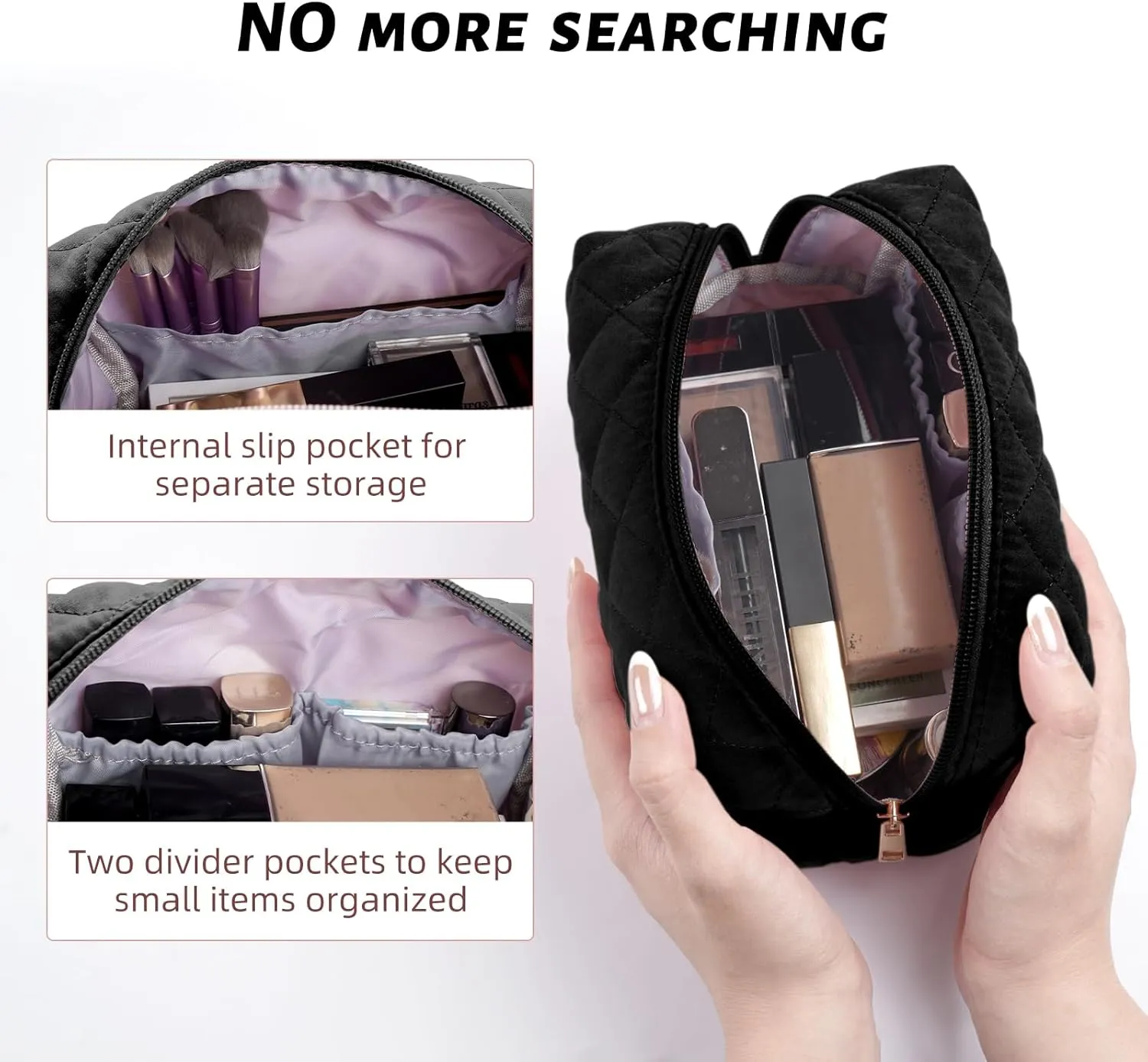 MAGEFY Cotton Makeup Bag 2 PCS Quilted Makeup Bag Small Makeup Pouch with Inner Pockets Aesthetic Portable Cosmetic Bag for Women/Traveling (Black & Pink)