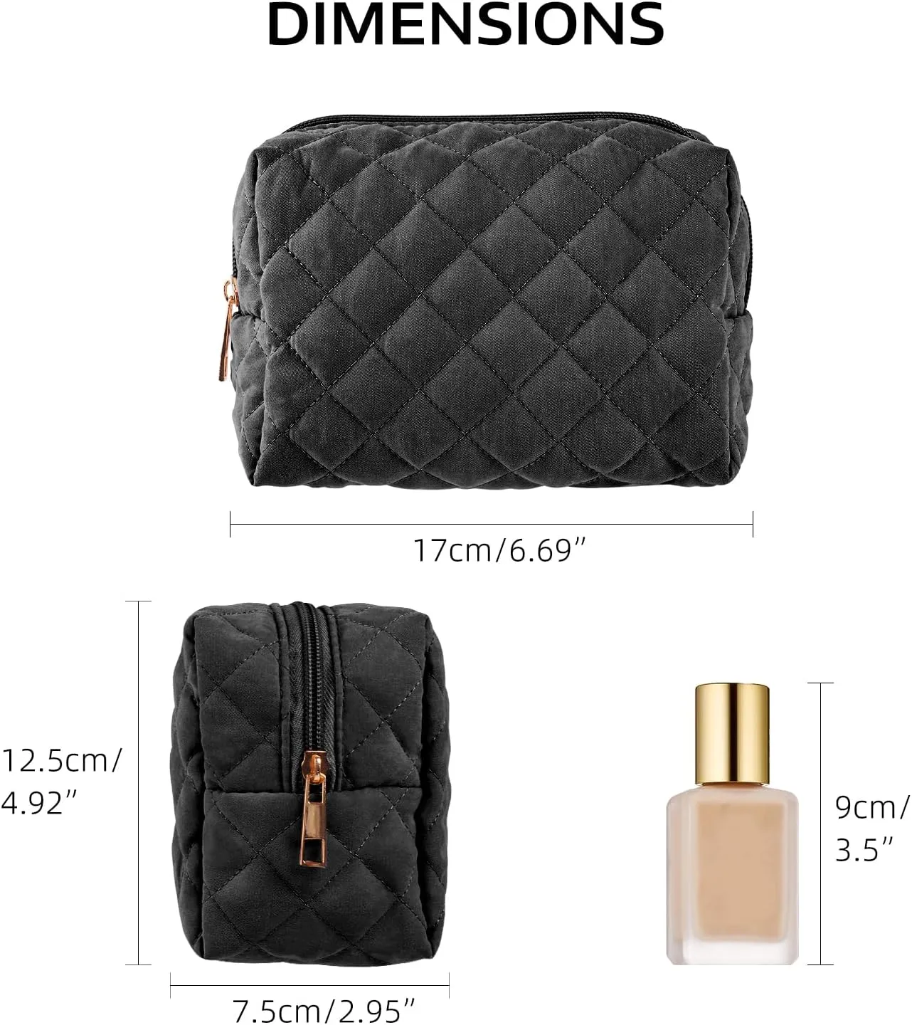 MAGEFY Cotton Makeup Bag 2 PCS Quilted Makeup Bag Small Makeup Pouch with Inner Pockets Aesthetic Portable Cosmetic Bag for Women/Traveling (Black & Pink)