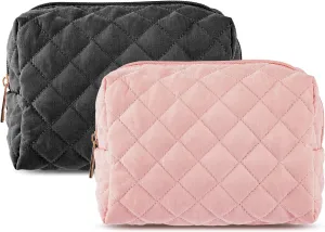 MAGEFY Cotton Makeup Bag 2 PCS Quilted Makeup Bag Small Makeup Pouch with Inner Pockets Aesthetic Portable Cosmetic Bag for Women/Traveling (Black & Pink)
