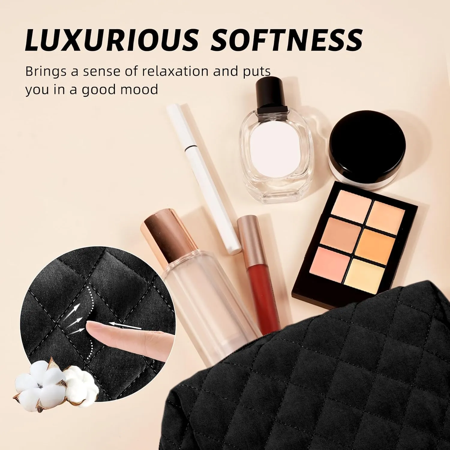MAGEFY Cotton Makeup Bag 2 PCS Quilted Makeup Bag Small Makeup Pouch with Inner Pockets Aesthetic Portable Cosmetic Bag for Women/Traveling (Black & Pink)