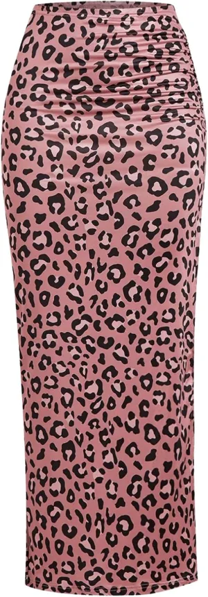 MakeMeChic Women's Leopard Print Split Thigh Ruched Skinny Fit Bodycon Long Maxi Skirts