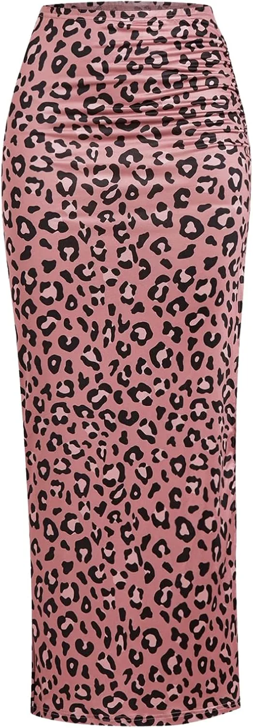 MakeMeChic Women's Leopard Print Split Thigh Ruched Skinny Fit Bodycon Long Maxi Skirts