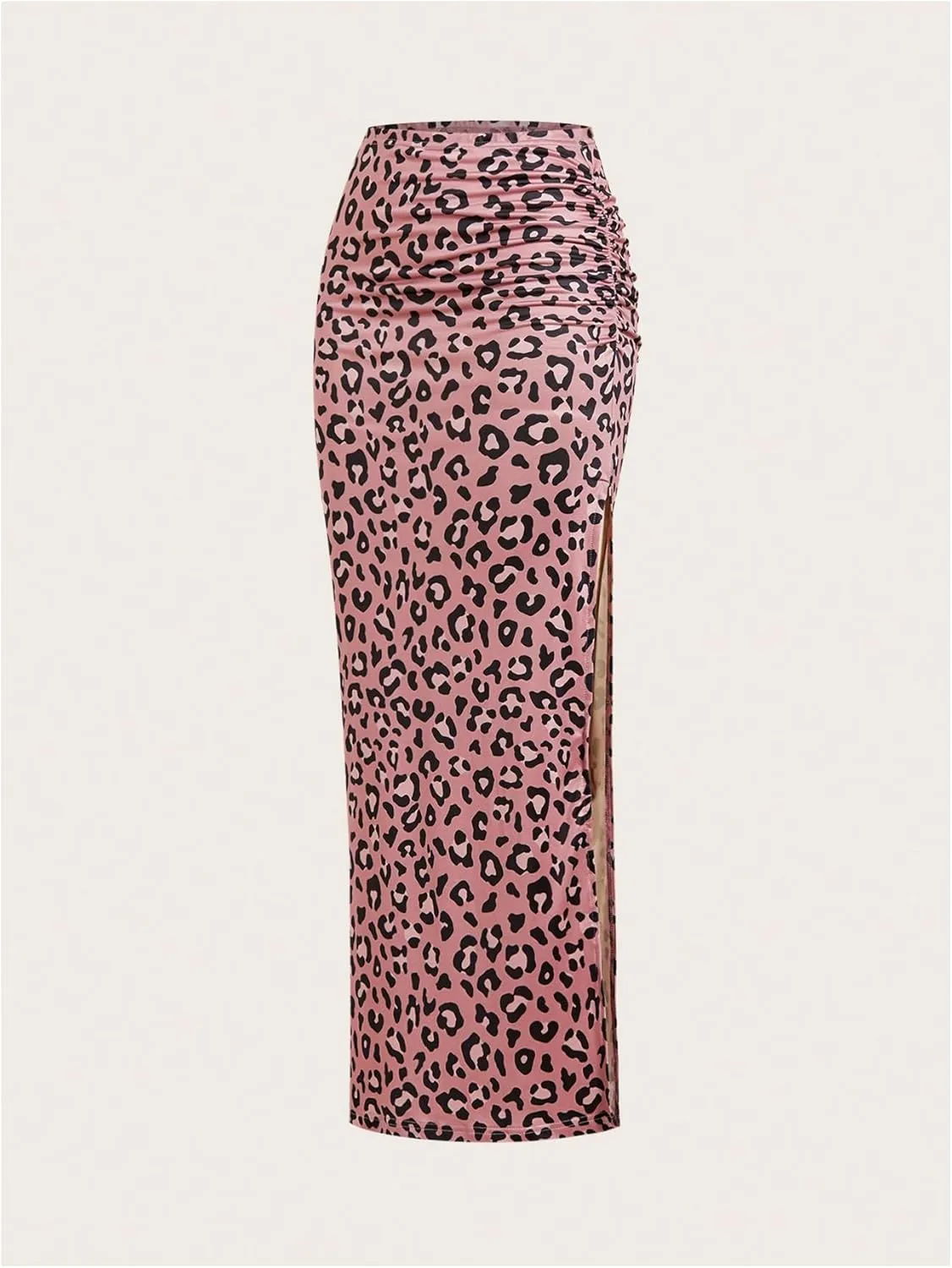 MakeMeChic Women's Leopard Print Split Thigh Ruched Skinny Fit Bodycon Long Maxi Skirts