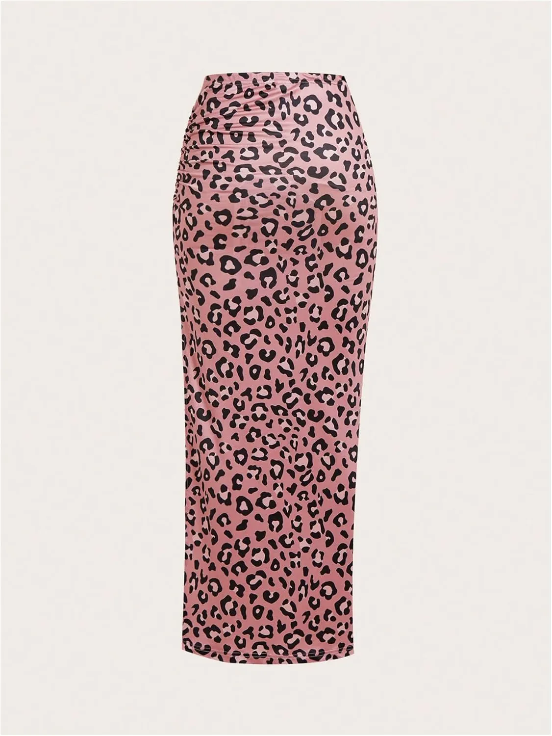 MakeMeChic Women's Leopard Print Split Thigh Ruched Skinny Fit Bodycon Long Maxi Skirts