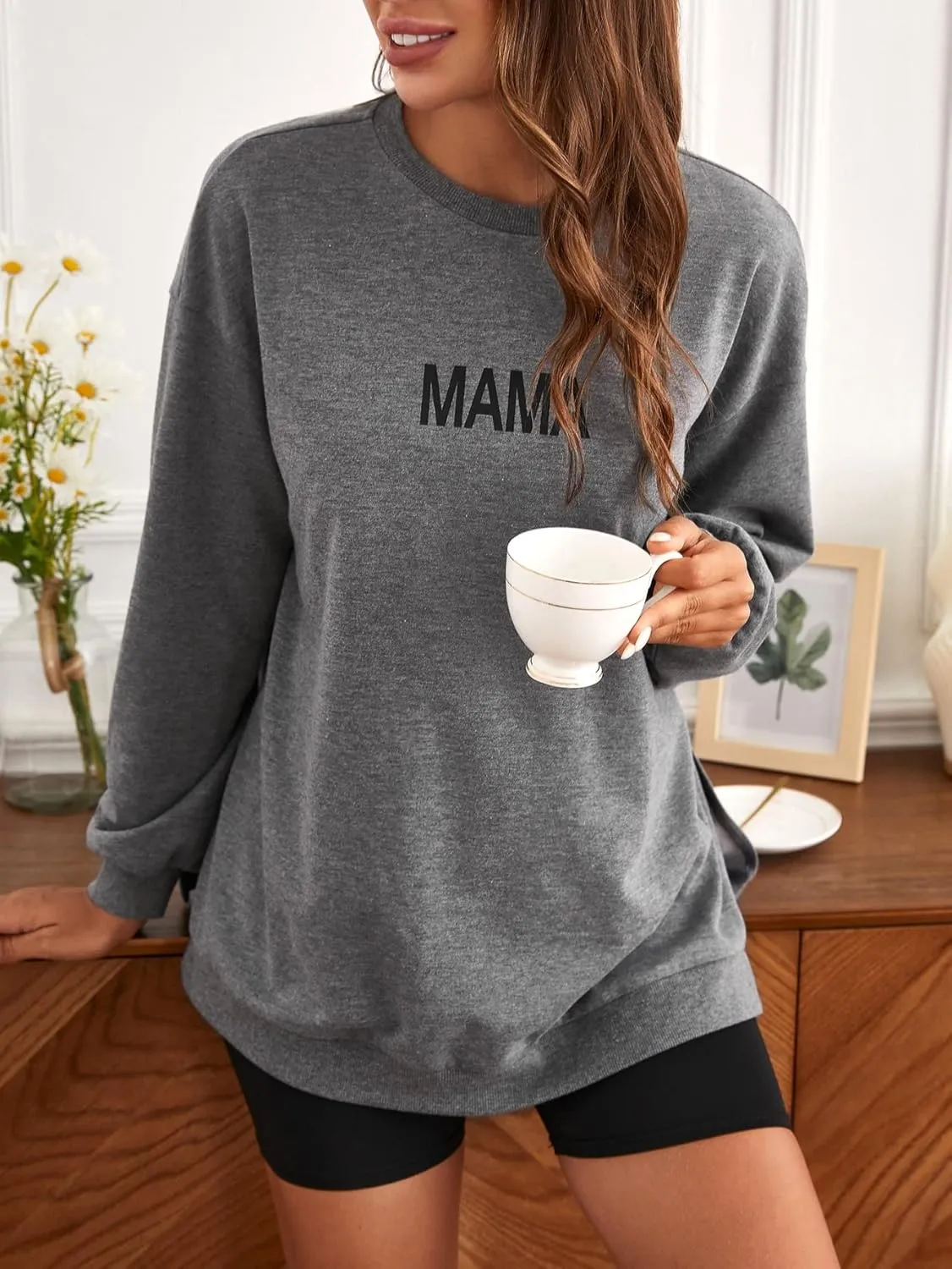 MakeMeChic Women's Maternity Sweatshirt Oversized Long Sleeve Split Side Graphic Pullover Tee Tops Pregnancy Mama Sweatshirt