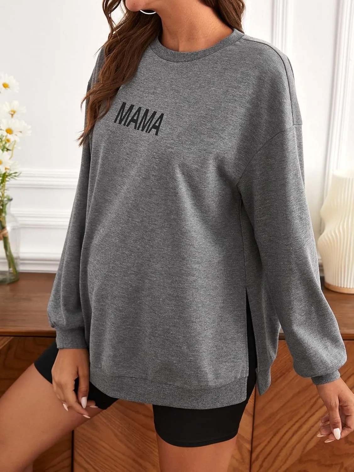 MakeMeChic Women's Maternity Sweatshirt Oversized Long Sleeve Split Side Graphic Pullover Tee Tops Pregnancy Mama Sweatshirt