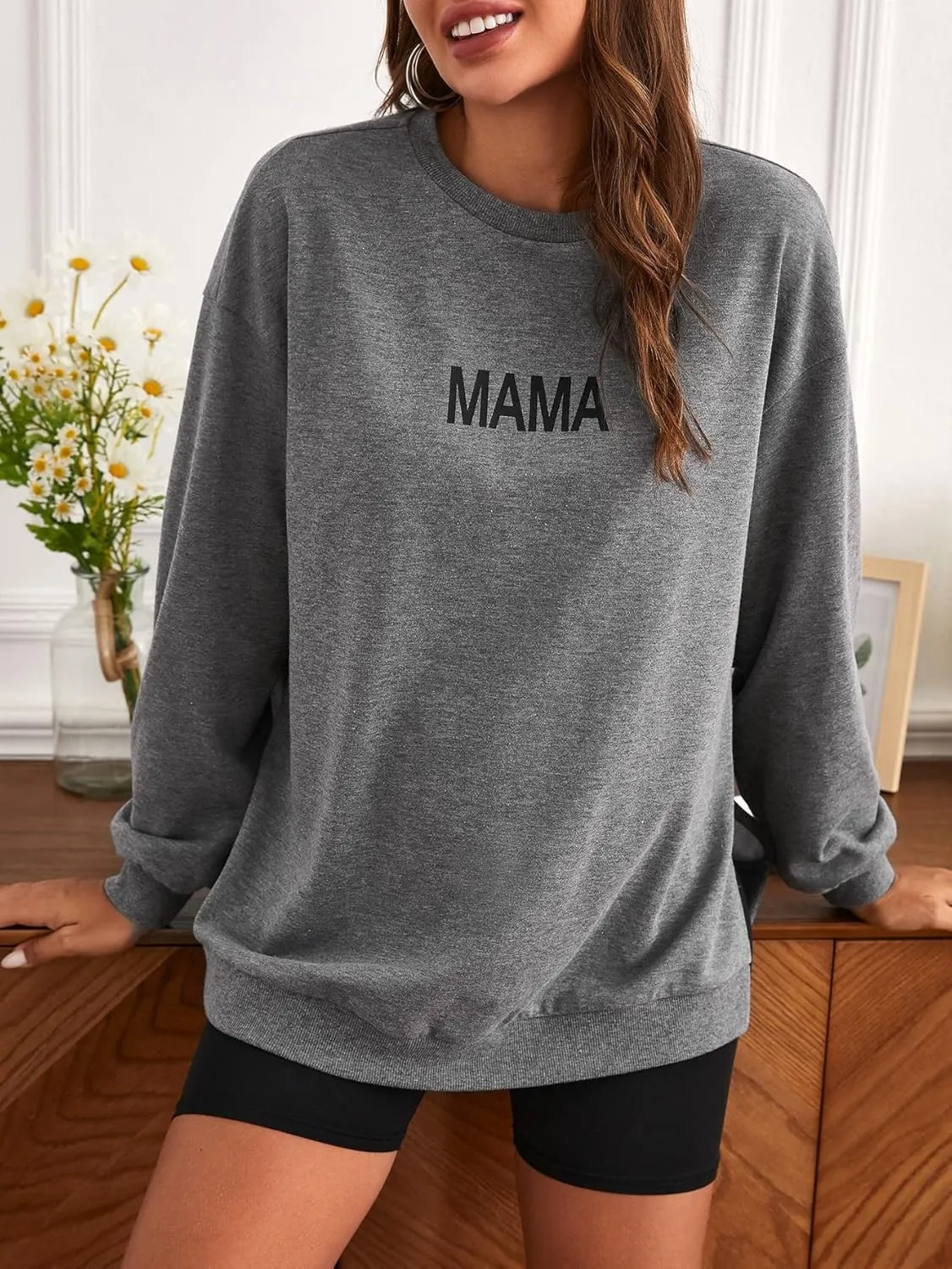 MakeMeChic Women's Maternity Sweatshirt Oversized Long Sleeve Split Side Graphic Pullover Tee Tops Pregnancy Mama Sweatshirt