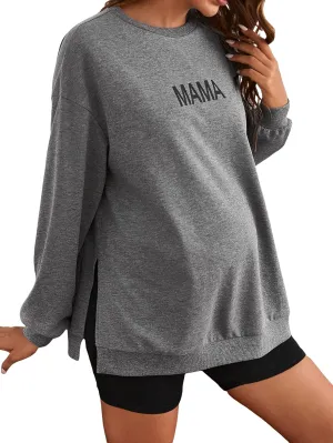 MakeMeChic Women's Maternity Sweatshirt Oversized Long Sleeve Split Side Graphic Pullover Tee Tops Pregnancy Mama Sweatshirt