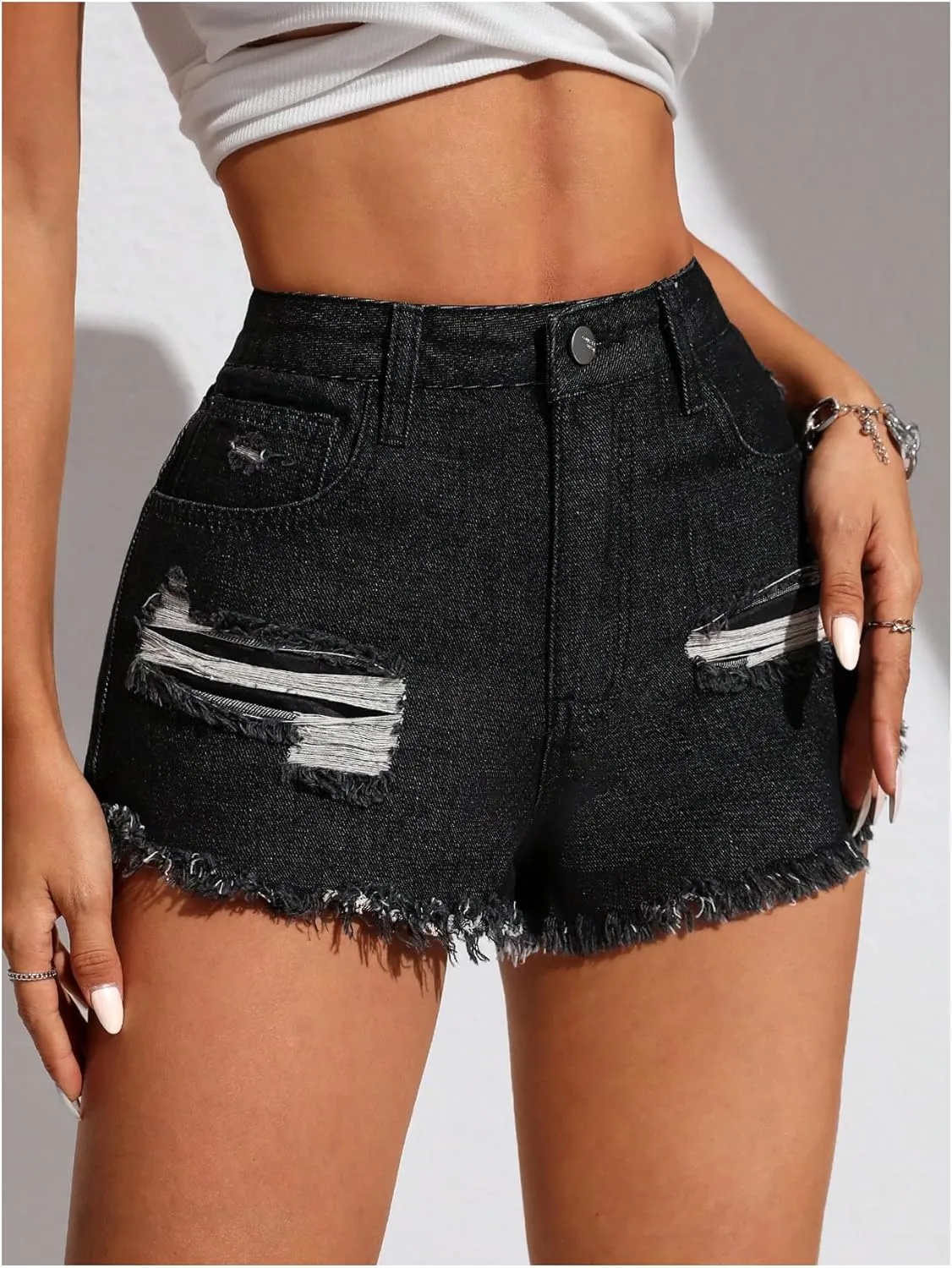 MakeMeChic Women's Ripped Denim Shorts Raw Trim Straight Leg Jean Shorts with Pocket