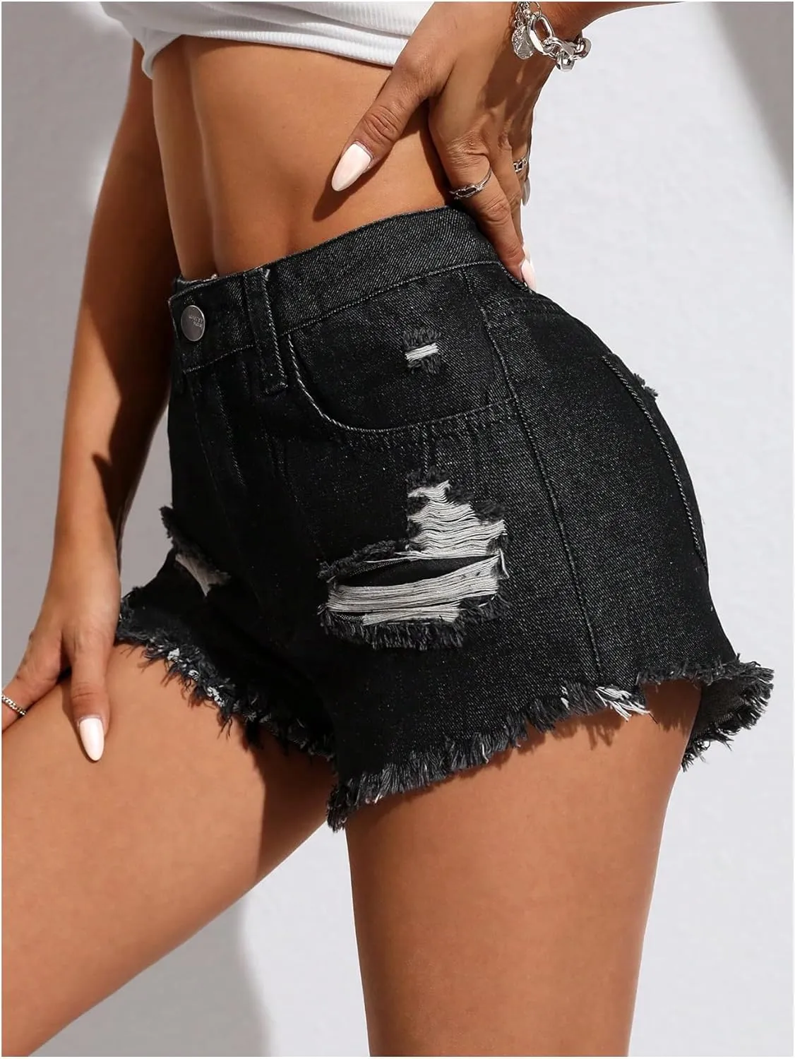 MakeMeChic Women's Ripped Denim Shorts Raw Trim Straight Leg Jean Shorts with Pocket