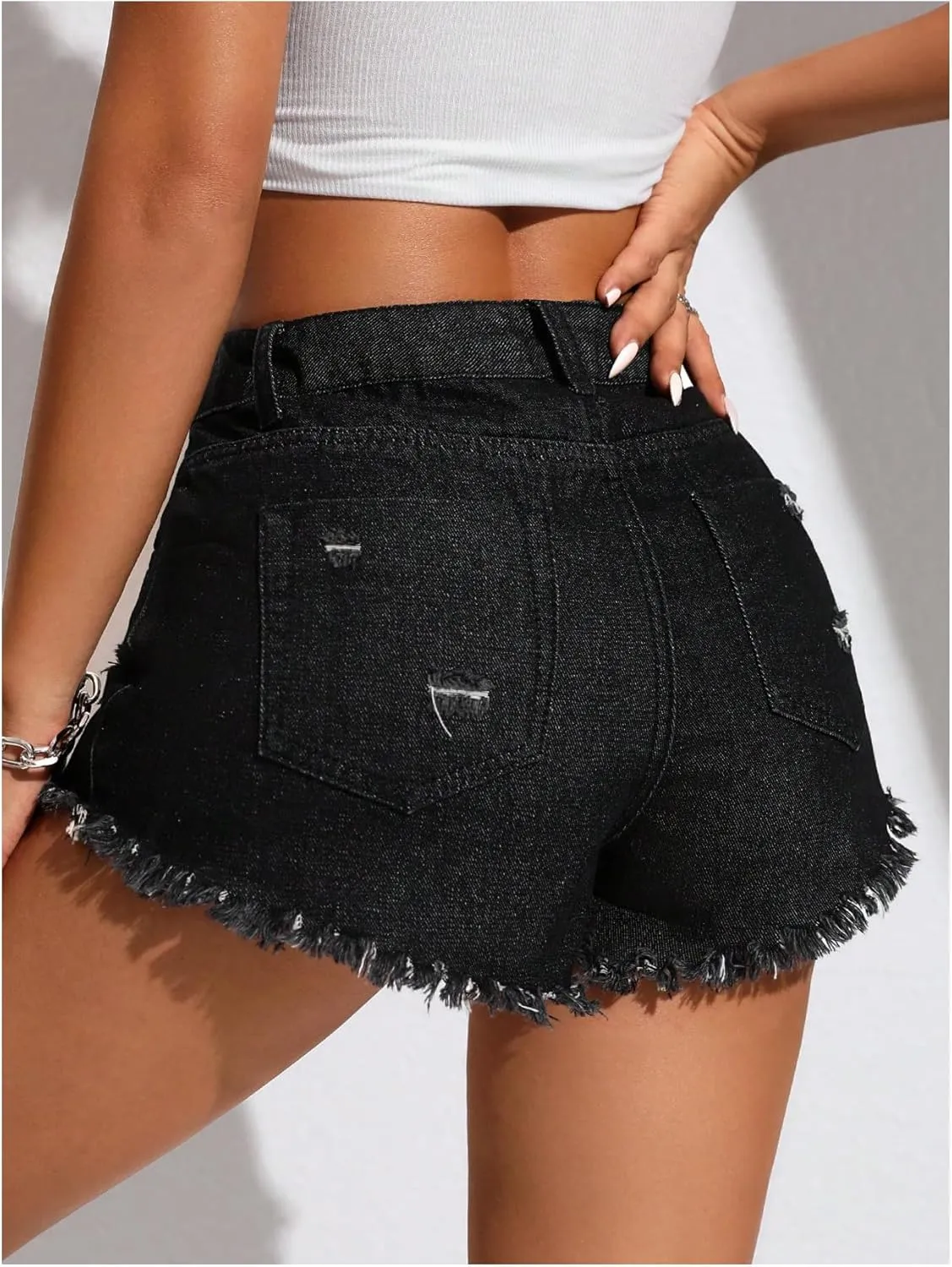MakeMeChic Women's Ripped Denim Shorts Raw Trim Straight Leg Jean Shorts with Pocket