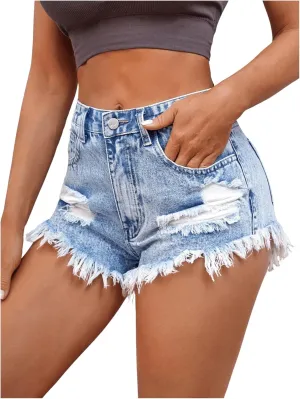 MakeMeChic Women's Ripped Denim Shorts Raw Trim Straight Leg Jean Shorts with Pocket