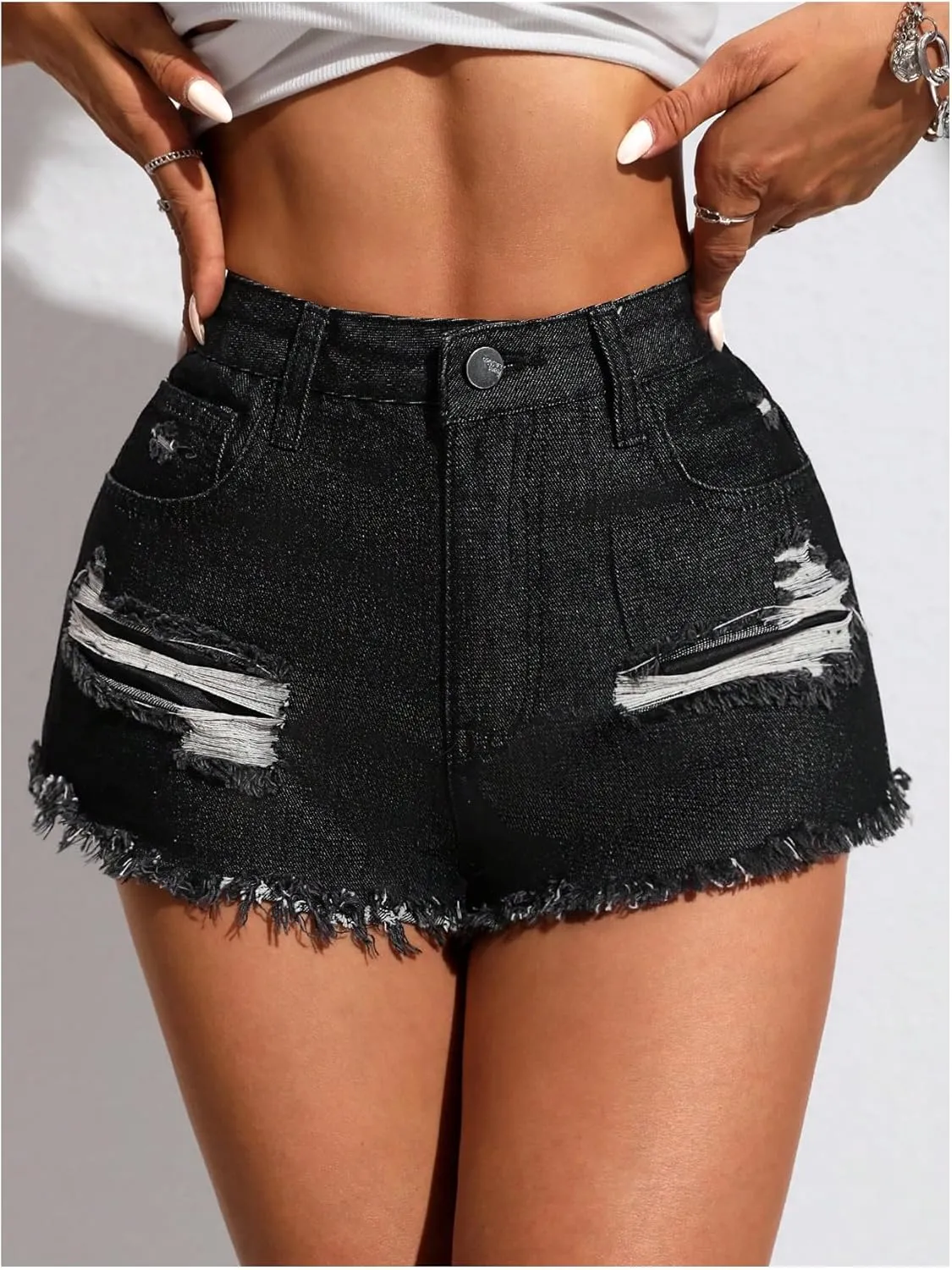MakeMeChic Women's Ripped Denim Shorts Raw Trim Straight Leg Jean Shorts with Pocket
