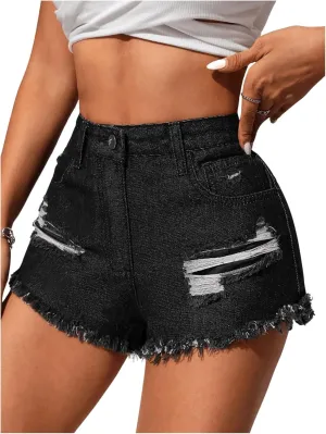 MakeMeChic Women's Ripped Denim Shorts Raw Trim Straight Leg Jean Shorts with Pocket