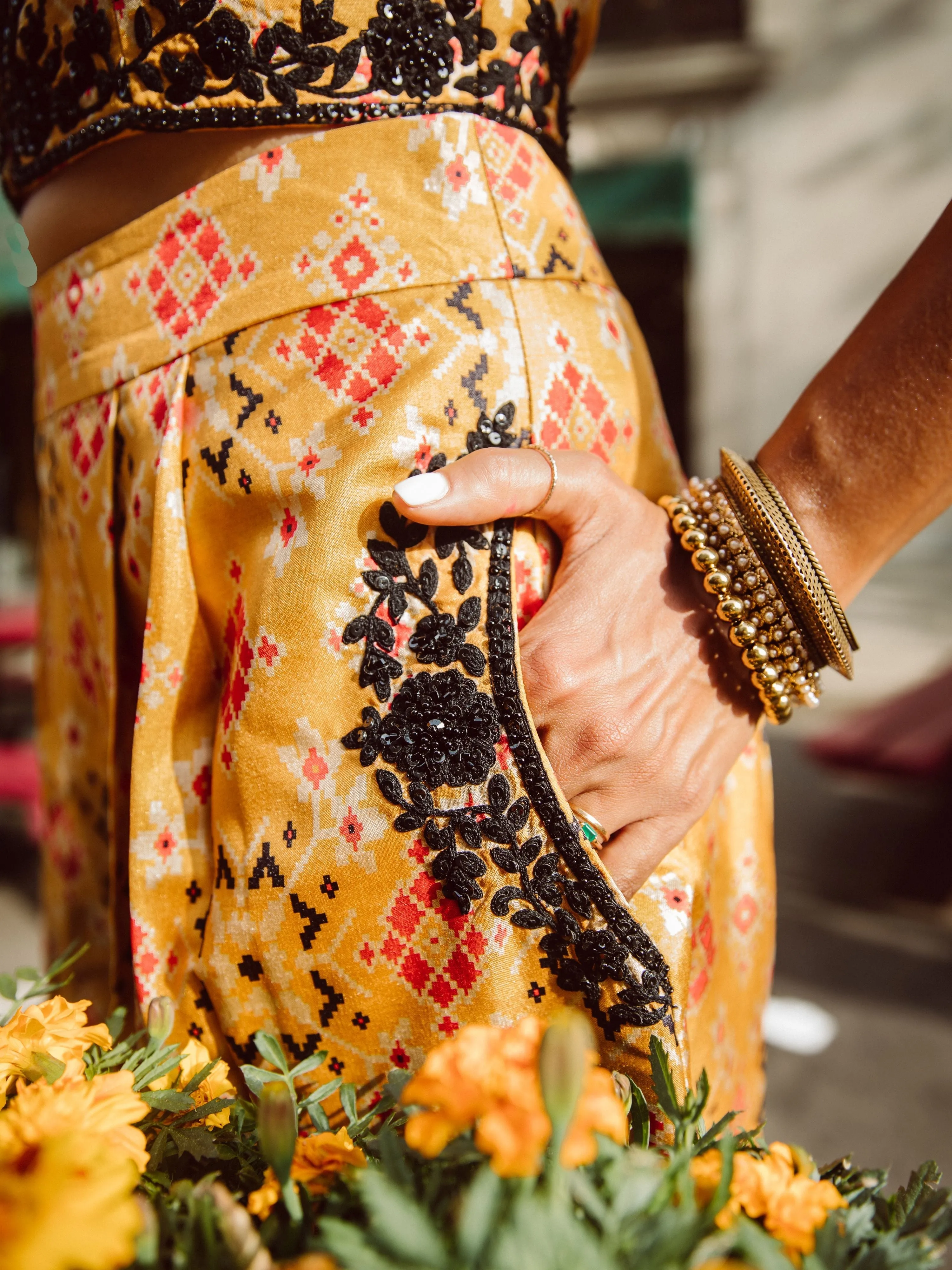 Marigold printed palazzo pants with matching corset