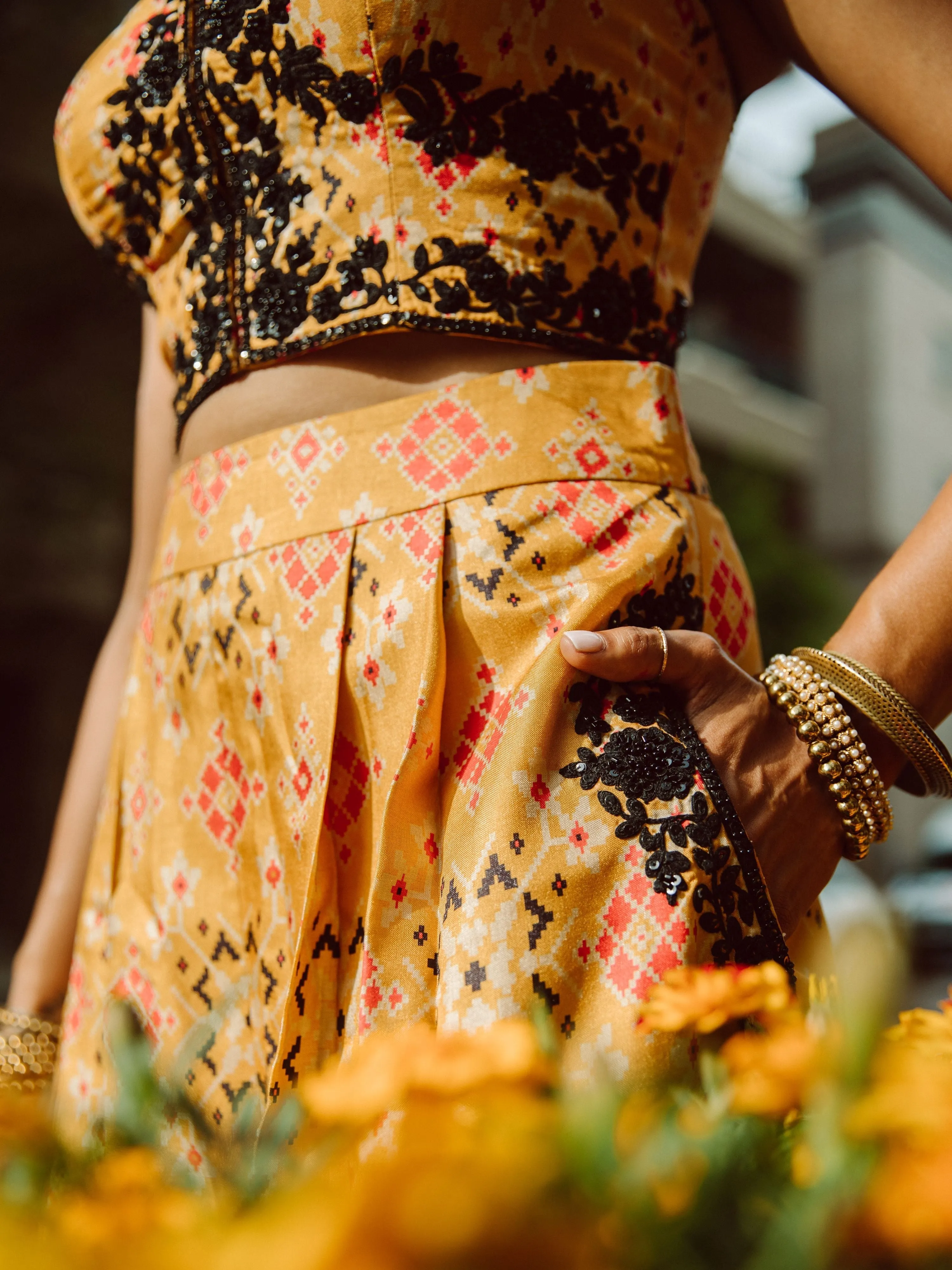 Marigold printed palazzo pants with matching corset